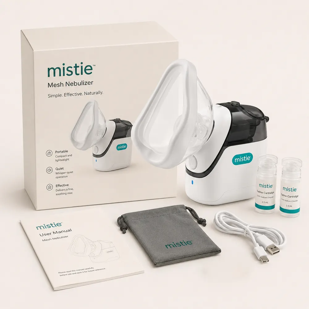 Mistie kit contents: retail box, device, saline cartridges, user manual, pouch, and USB-C cable