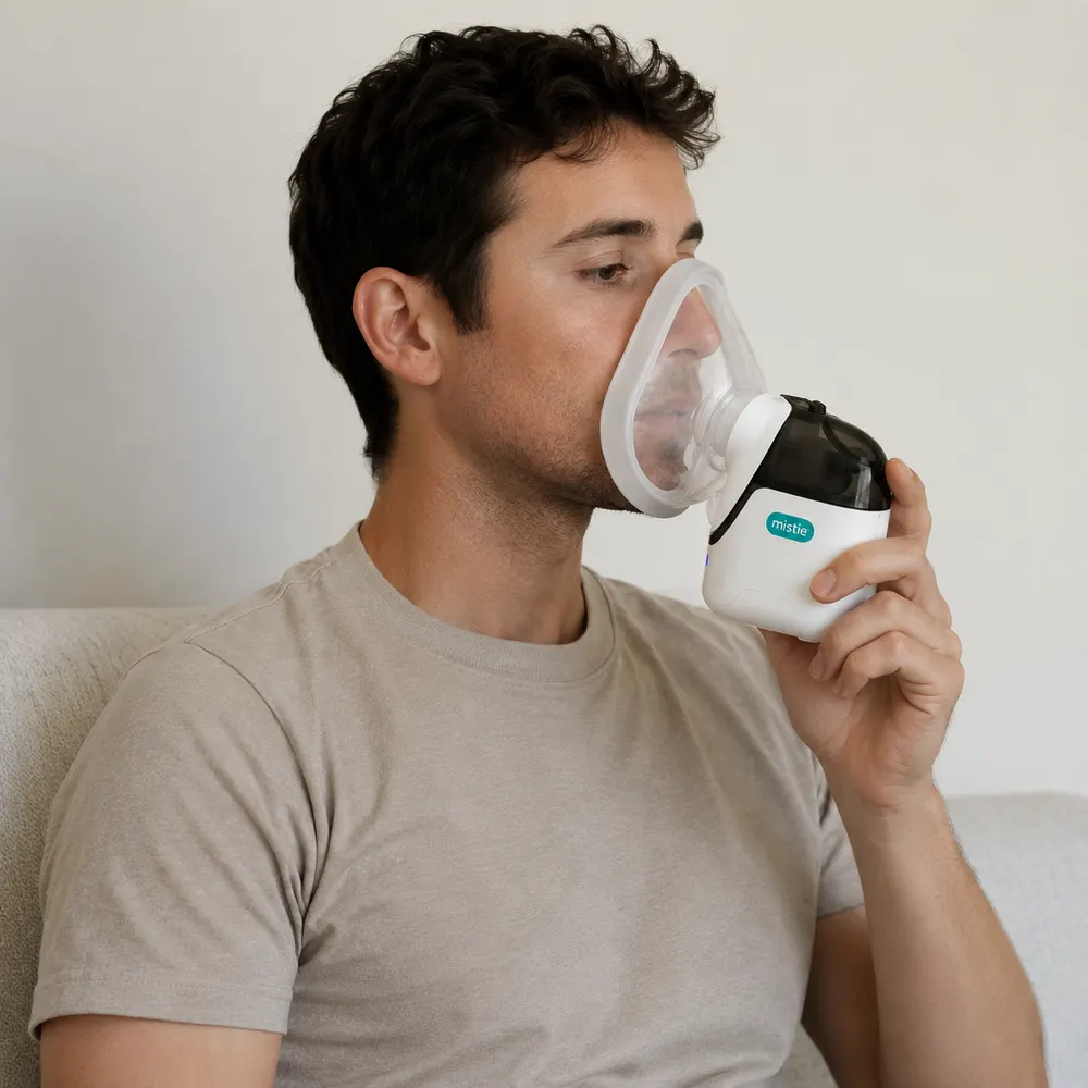 A man relaxing on a couch using the Mistie nebulizer with the mask